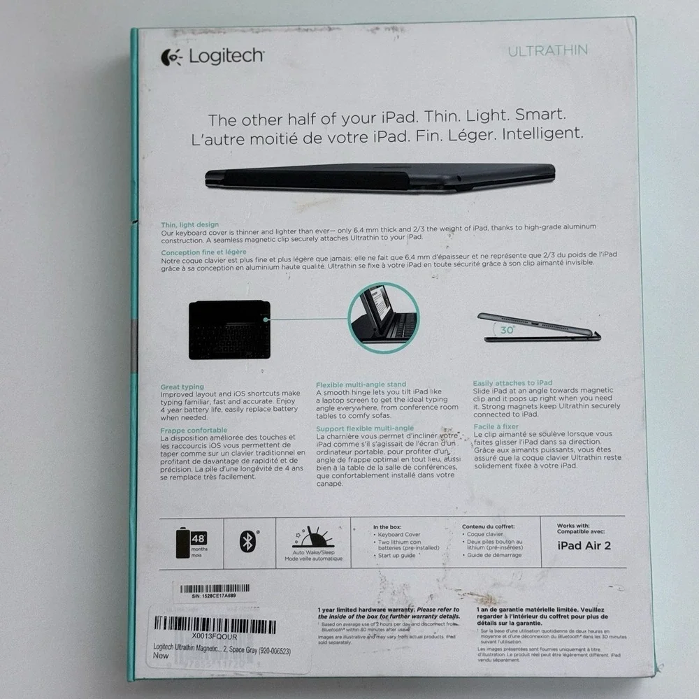Logitech Ultrathin Apple iPad Air 2 Magnetic Clip On Keyboard Cover Case